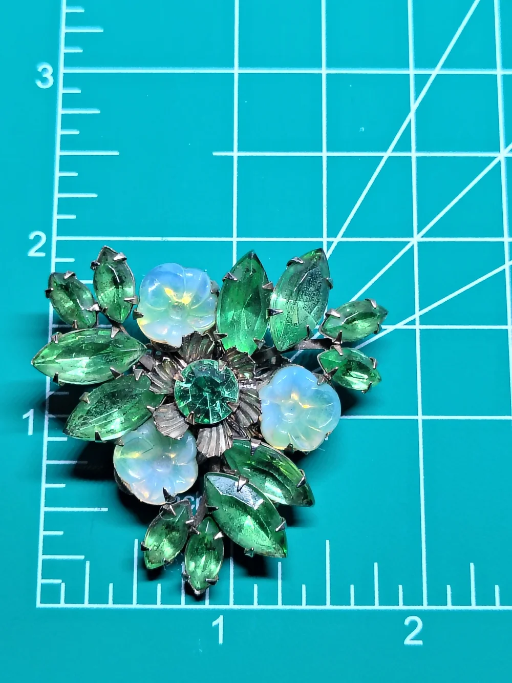Vintage Floral Green and Opalescent Gold Tone Brooch